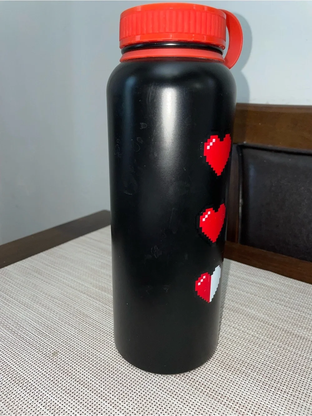 Black Anime Water Bottle Red Lid Pixel Hearts Insulated Reusable Bottle